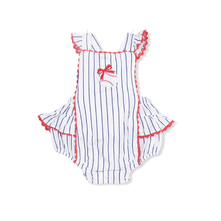Baby girl blue and white baseball stripe bamboo sunsuit with ric rac ruffles and baseball applique.