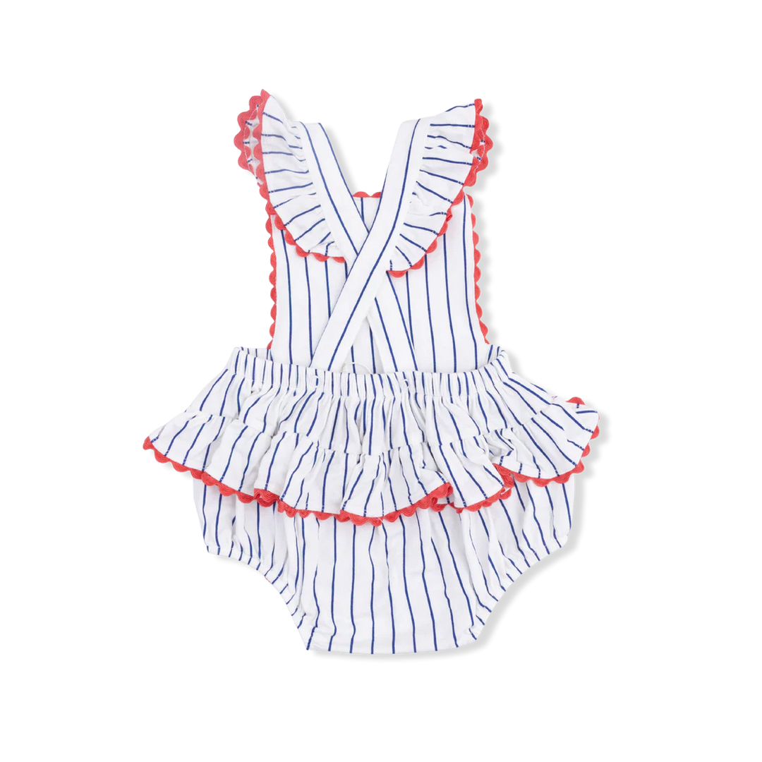Baseball Stripe Bamboo Ric Rac Ruffle Sunsuit | Angel Dear