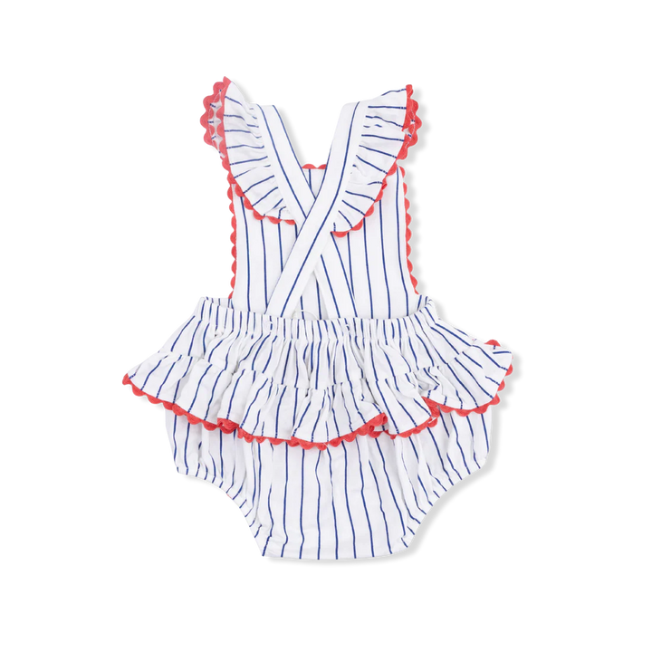 Baseball Stripe Bamboo Ric Rac Ruffle Sunsuit | Angel Dear