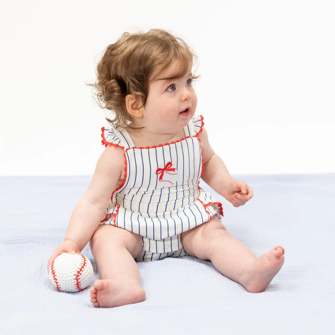 Baseball Stripe Bamboo Ric Rac Ruffle Sunsuit | Angel Dear