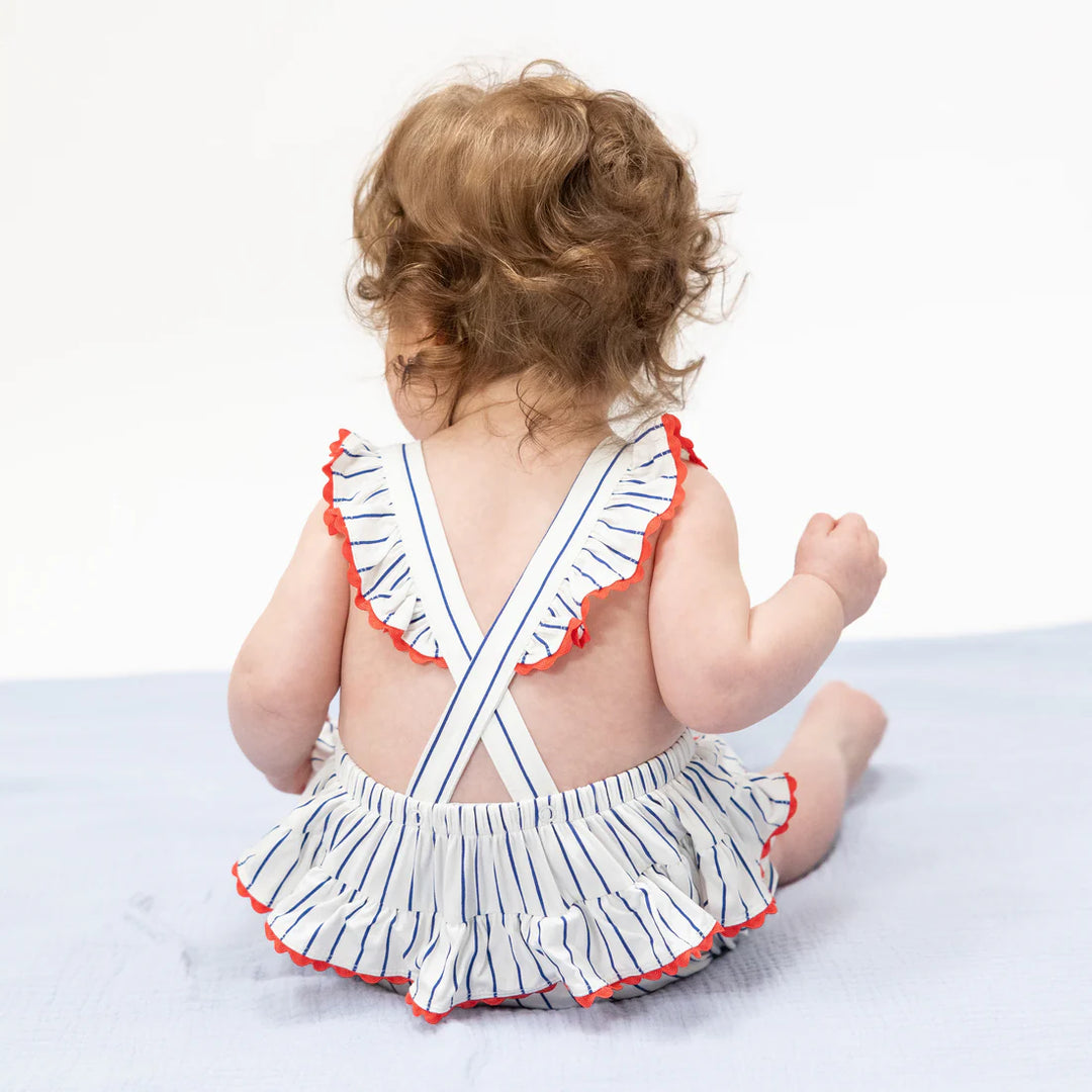 Baseball Stripe Bamboo Ric Rac Ruffle Sunsuit | Angel Dear