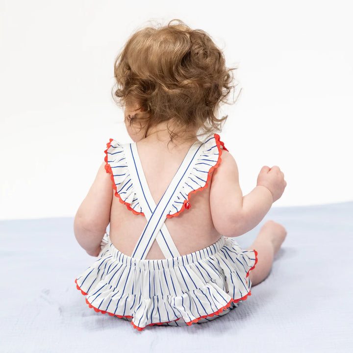 Baseball Stripe Bamboo Ric Rac Ruffle Sunsuit | Angel Dear
