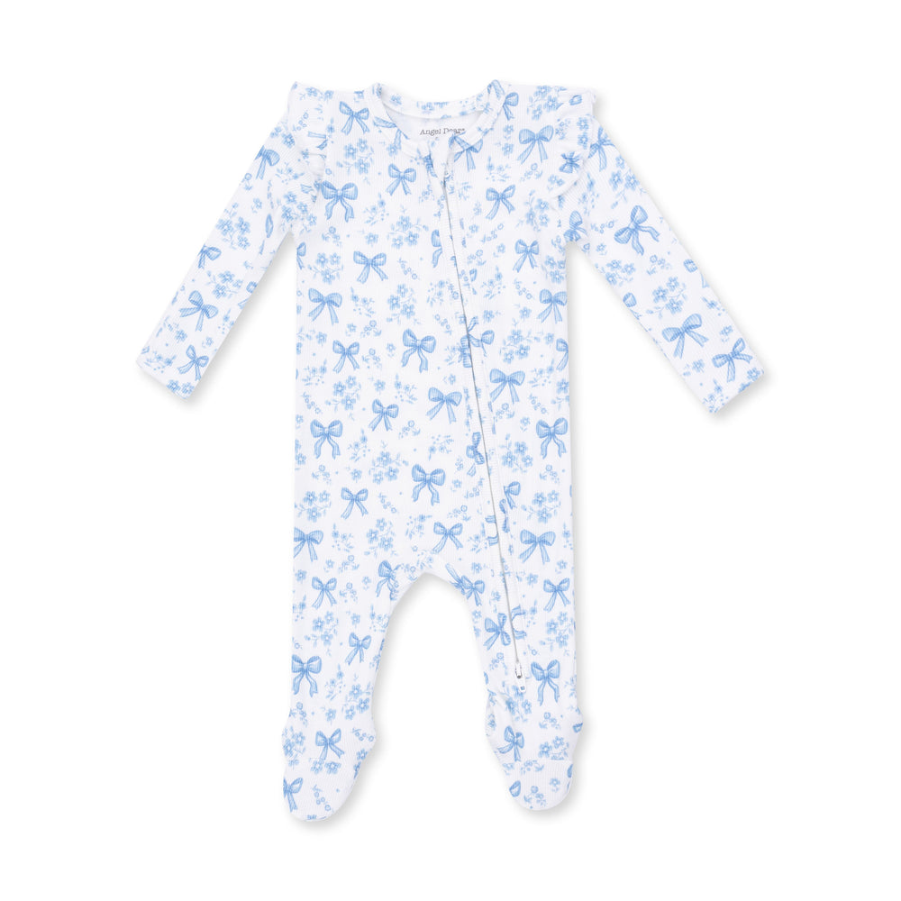 Angel Dear Blue Bows and Flowers 2 Way Ruffle Sleeve Zipper Footie Off White & Blue