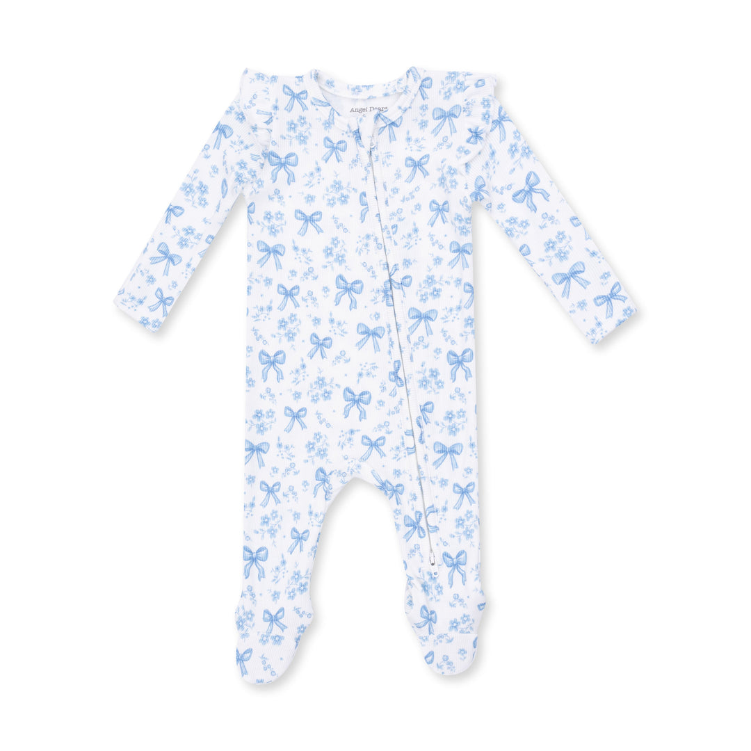 Angel Dear Blue Bows and Flowers 2 Way Ruffle Sleeve Zipper Footie Off White &amp; Blue