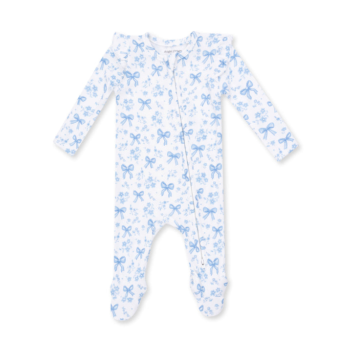 Angel Dear Blue Bows and Flowers 2 Way Ruffle Sleeve Zipper Footie Off White &amp; Blue