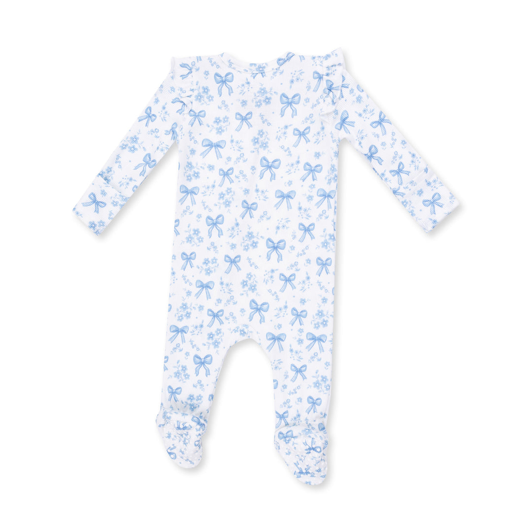Angel Dear Blue Bows and Flowers 2 Way Ruffle Sleeve Zipper Footie Off White &amp; Blue