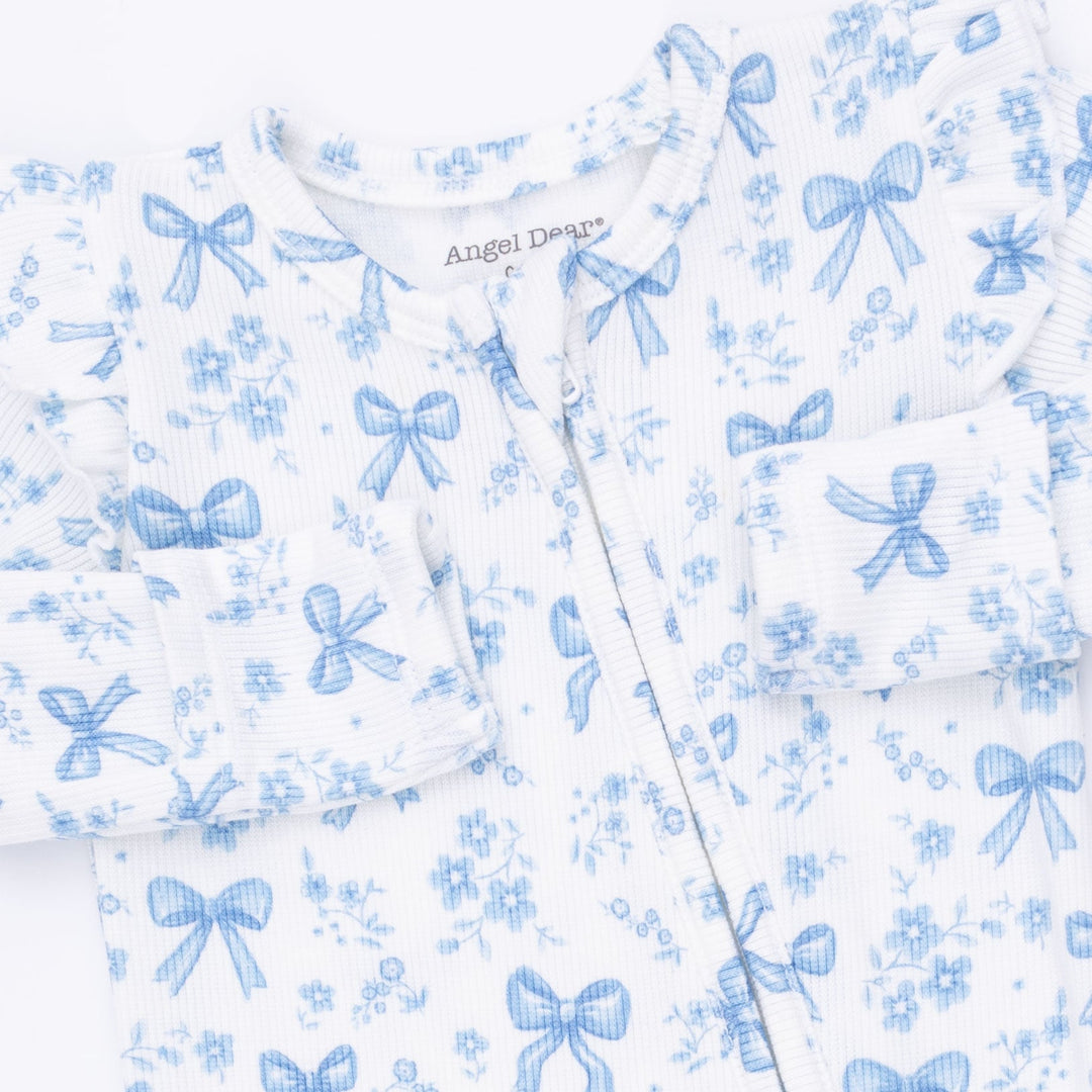 Angel Dear Blue Bows and Flowers 2 Way Ruffle Sleeve Zipper Footie Off White &amp; Blue