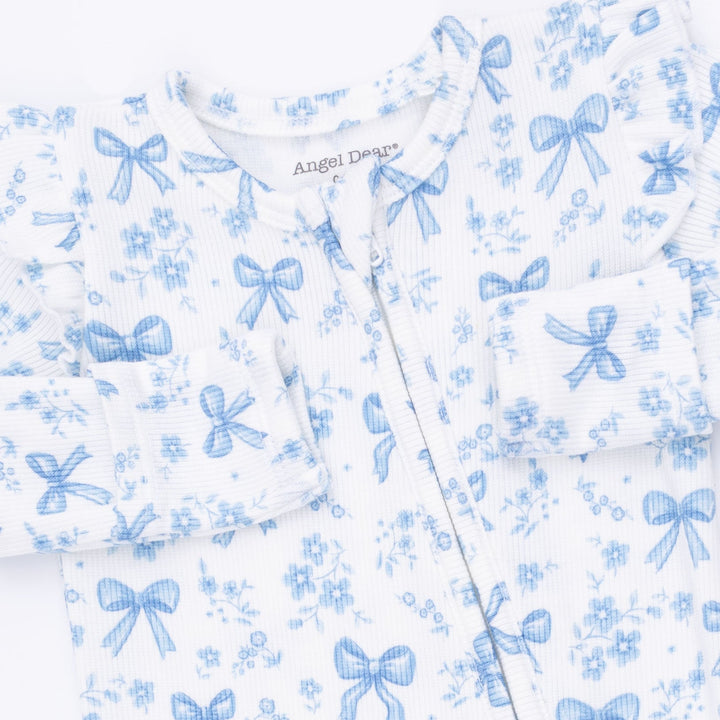 Angel Dear Blue Bows and Flowers 2 Way Ruffle Sleeve Zipper Footie Off White &amp; Blue