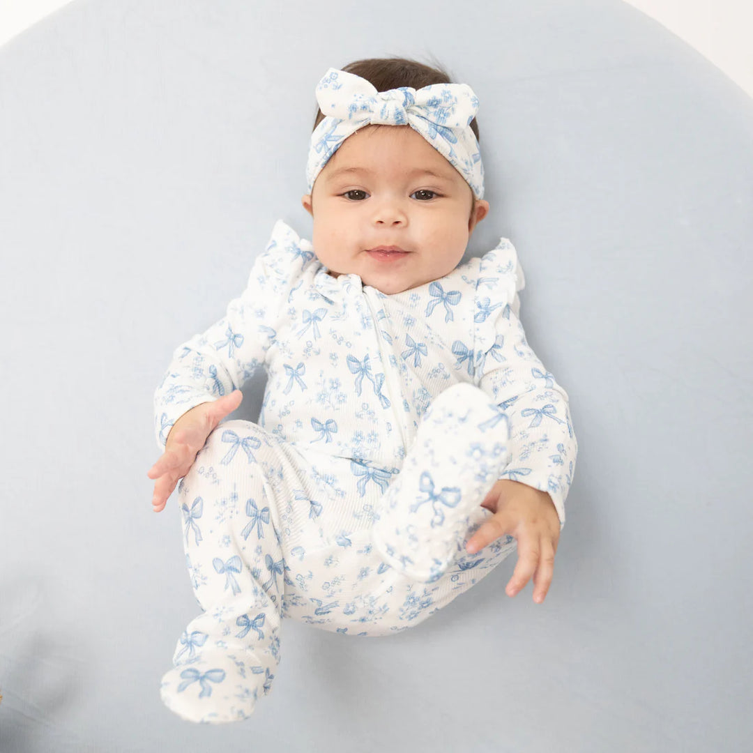 Angel Dear Blue Bows and Flowers - 2 Way Ruffle Sleeve Zipper Footie | Off White &amp; Blue