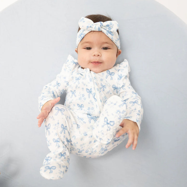 Angel Dear Blue Bows and Flowers - 2 Way Ruffle Sleeve Zipper Footie | Off White &amp; Blue