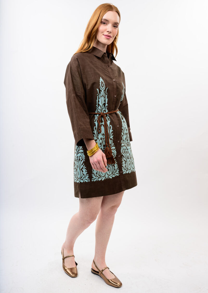 Uncle Frank Border Print Shift Dress Chestnut styled