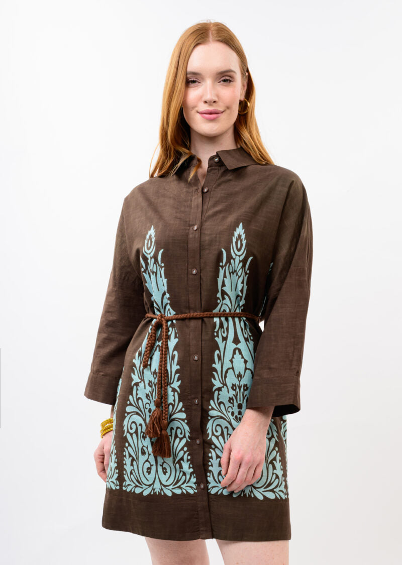 Uncle Frank Border Print Shift Dress Chestnut front
