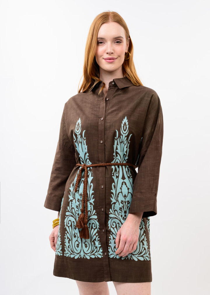 Uncle Frank Border Print Shift Dress Chestnut front
