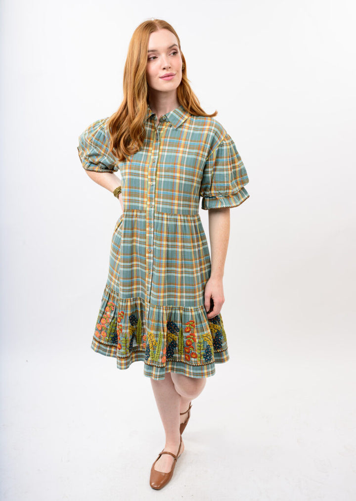 Uncle Frank Embroidered Flounce Dress Blue Plaid styled