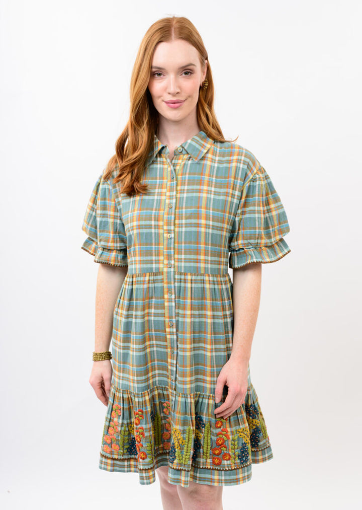 Uncle Frank Embroidered Flounce Dress Blue Plaid front