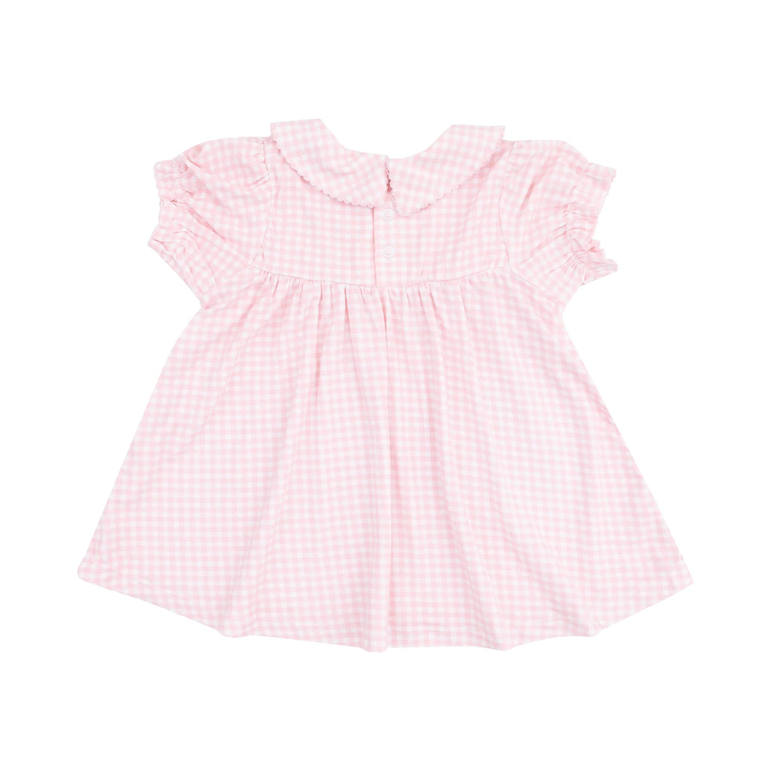 Classic Smocked Peter Pan Collar Dress with Bunny Applique and Diaper Cover - Mini Gingham Pink