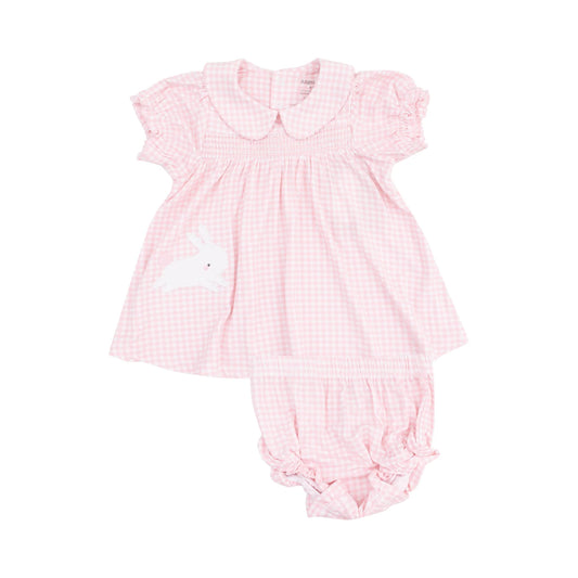 Classic Smocked Peter Pan Collar Dress with Bunny Applique and Diaper Cover - Mini Gingham Pink