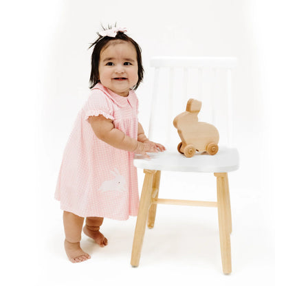 Classic Smocked Peter Pan Collar Dress with Bunny Applique and Diaper Cover - Mini Gingham Pink