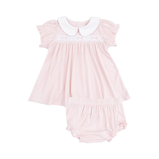 Smocked Peterpan Collar Dress +Ruffle Leg Bloomer - Solid Classic Pink