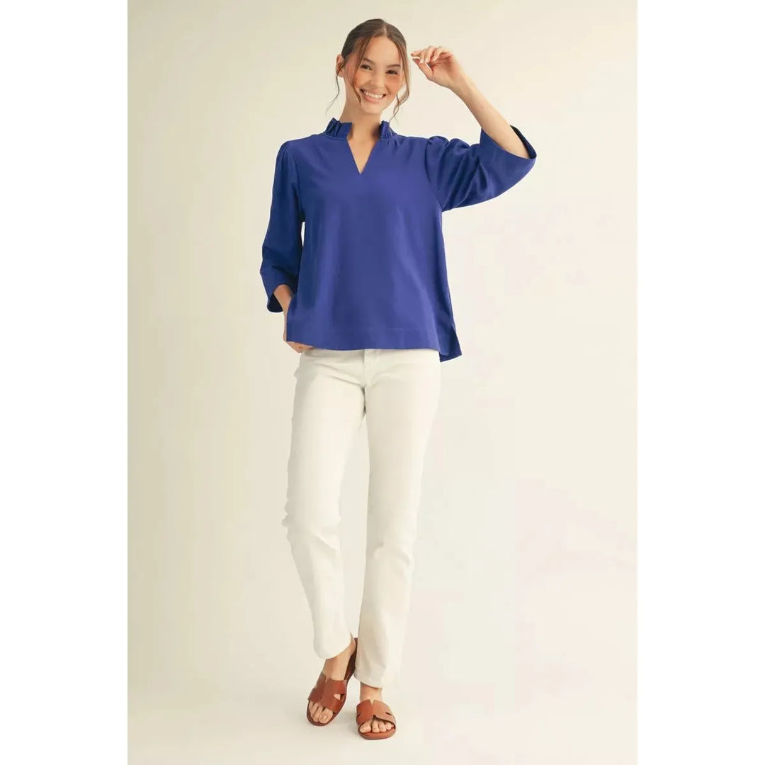 Isla | Ruffle Neck 3/4 Sleeve Crinkle Top