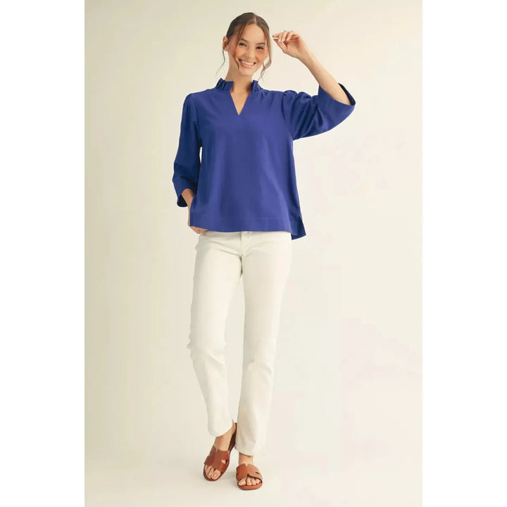 Isla | Ruffle Neck 3/4 Sleeve Crinkle Top