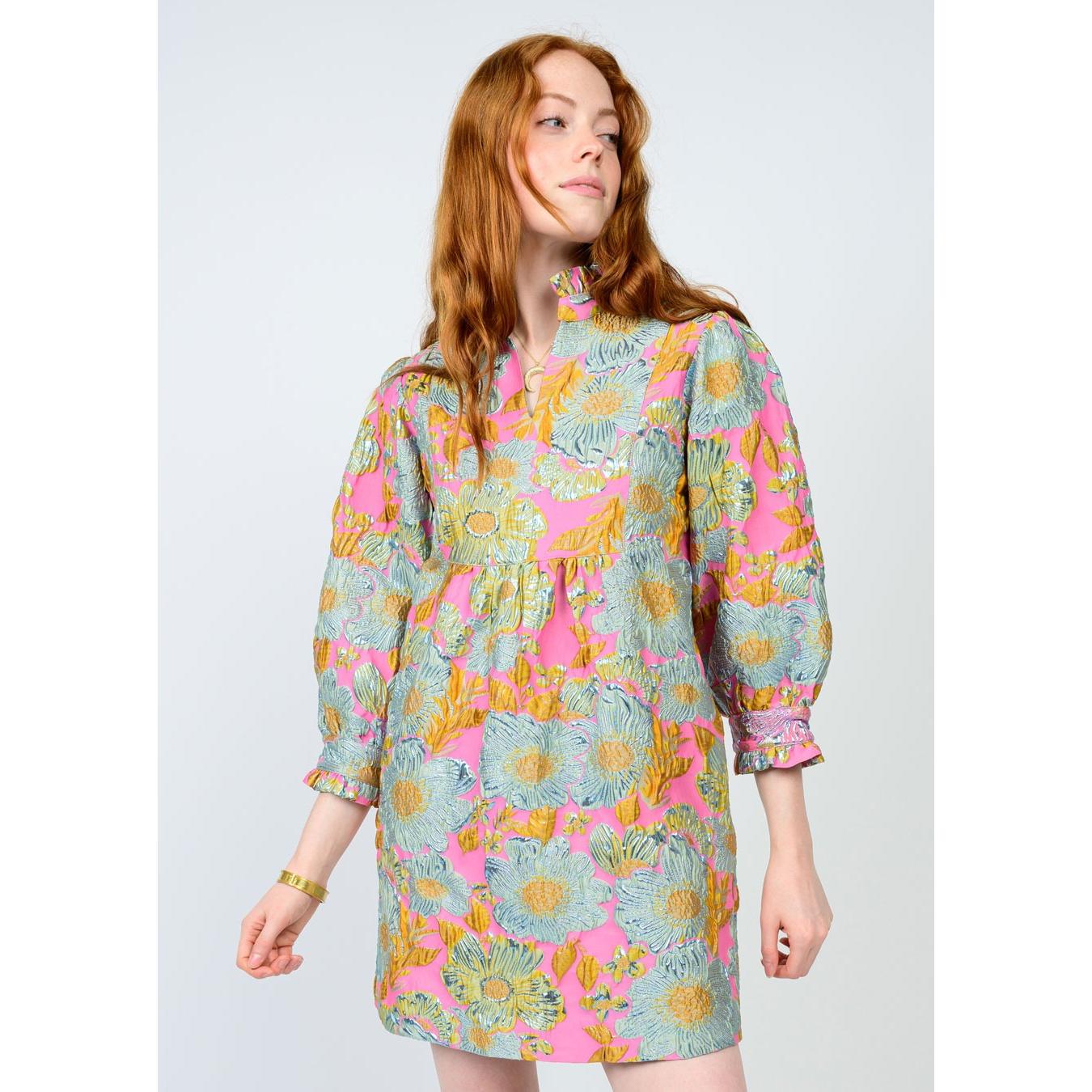 Ivy Jane Textured Floral Puff Sleeve Dress – Pink