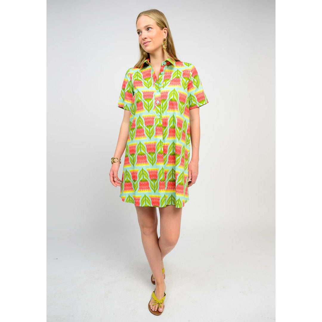 Uncle Frank multi-colored abstract floral midi shirt dress with pockets.