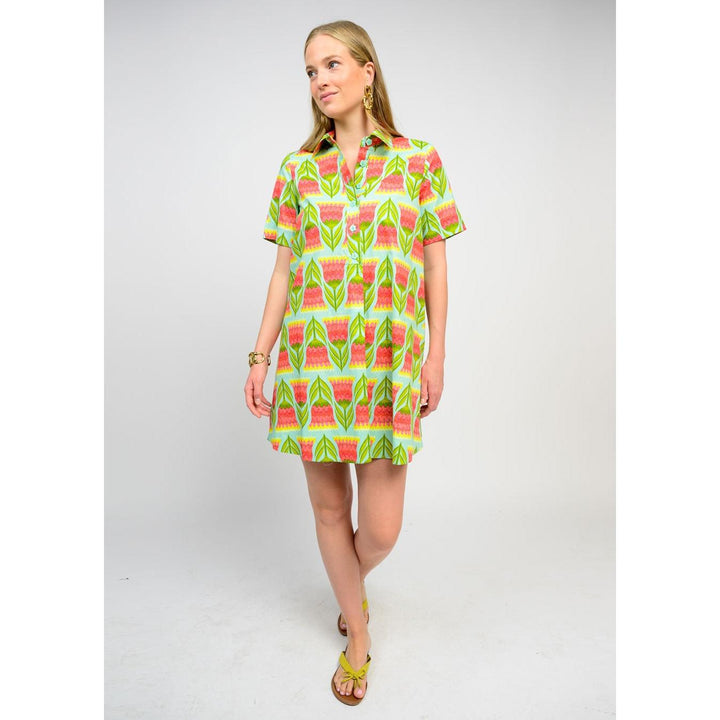 Uncle Frank multi-colored abstract floral midi shirt dress with pockets.