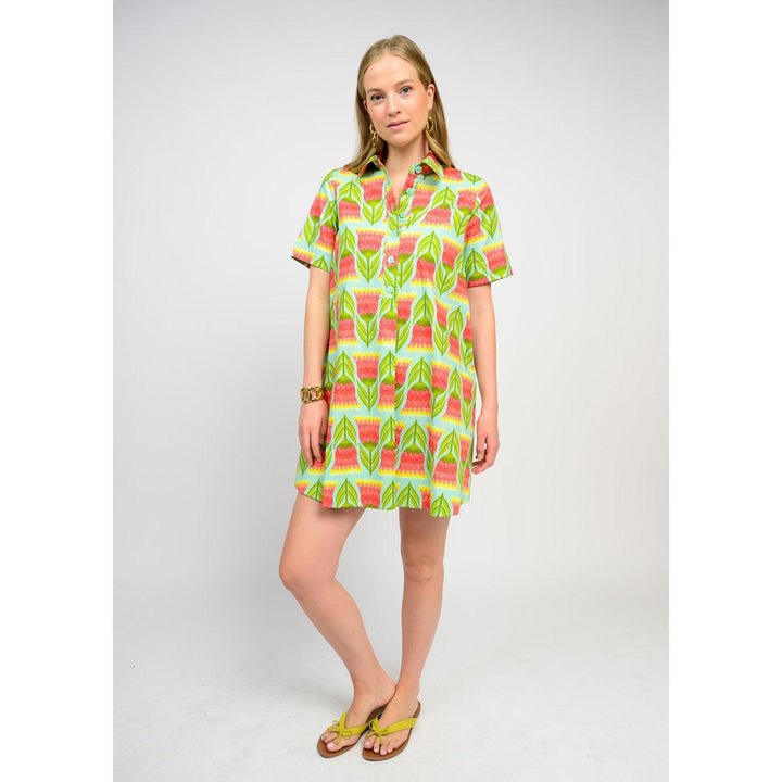 Close-up of the bold abstract floral pattern and collar detail on the Uncle Frank dress.