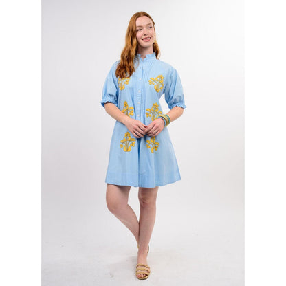 Ivy Jane Blocked Embroidery Dress featuring multi-color textured panels and a midi-length silhouette.