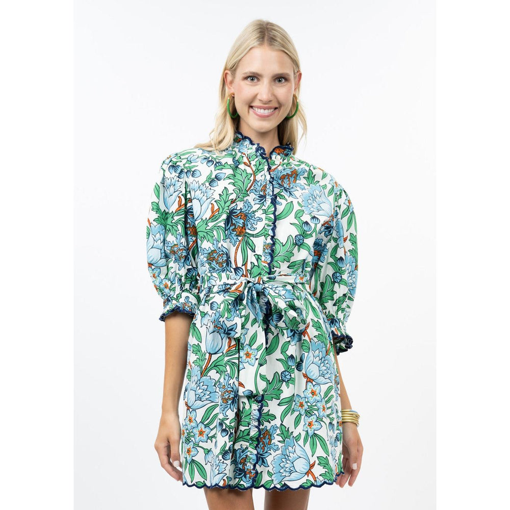 Uncle Frank Scallop Front Dress in a blue and green floral print featuring scalloped front detailing.
