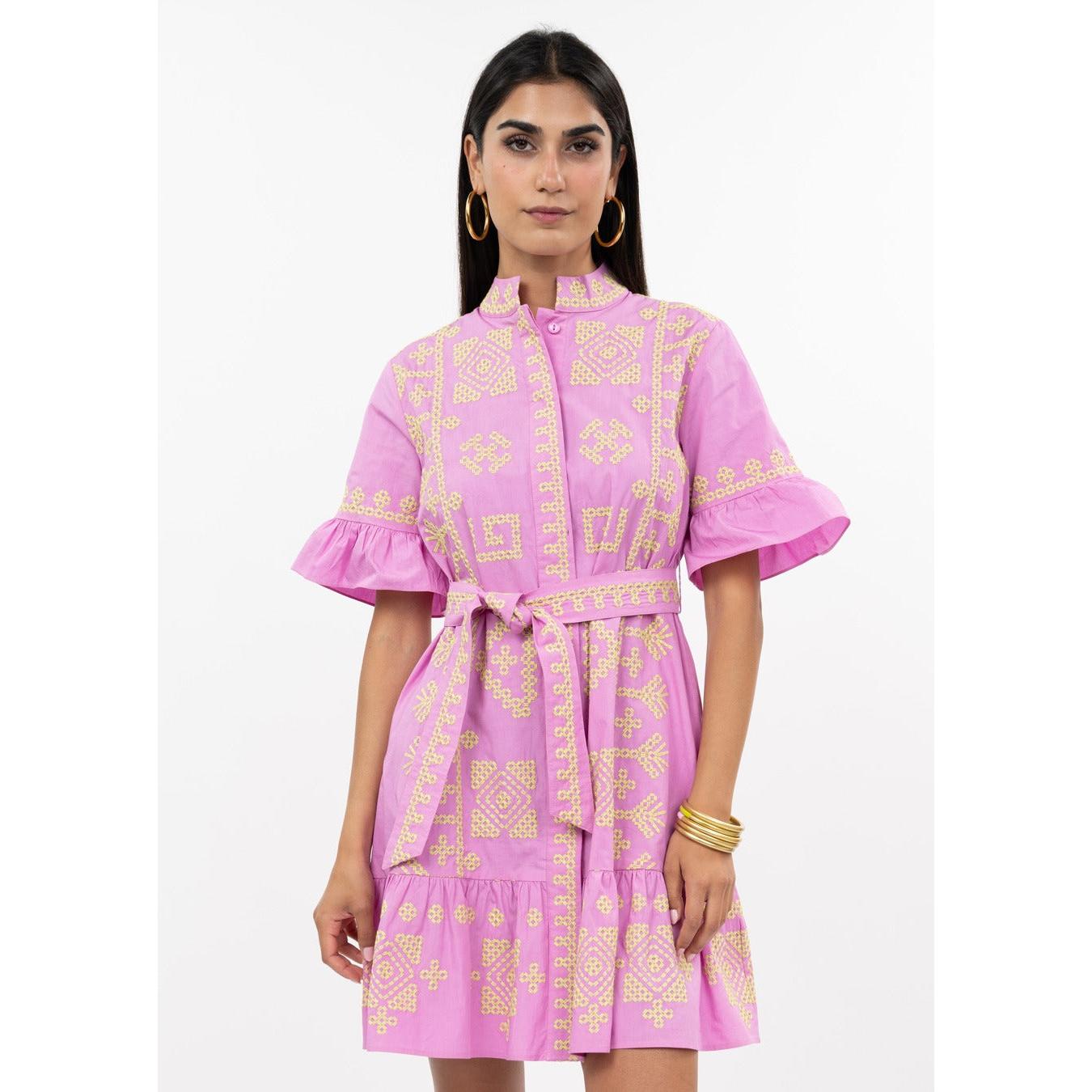 Uncle Frank Cross Stitch Dress in pink featuring a textured floral pattern and V-neckline.