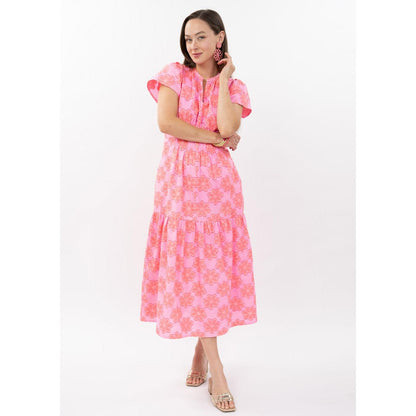 Uncle Frank Clip Daisy Dress in hot pink featuring a midi-length silhouette and textured daisy patterns.