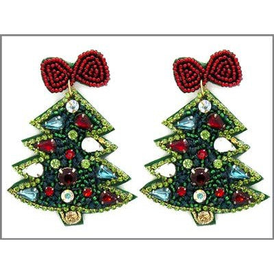 Christmas Tree Green w/ Crystal Ornaments Seed Bead Earring