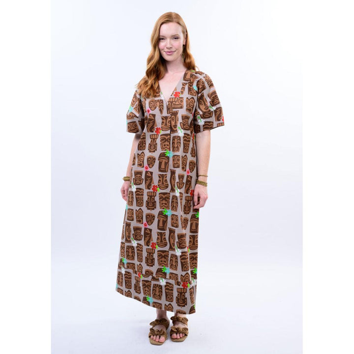 Uncle Frank Tahiti Tiki Dress in brown and multi-color tropical tiki print; features a split V-neck and short sleeves.