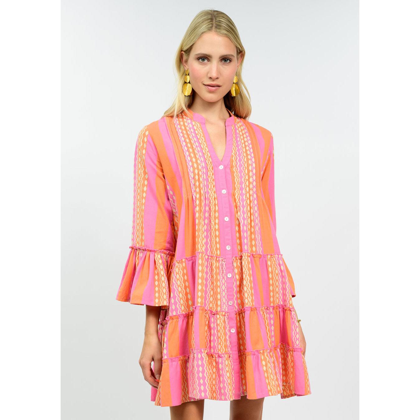 Uncle Frank Rumba Dress in pink and orange vertical stripes; features a tiered midi skirt, long sleeves, and a stand collar.