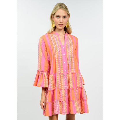 Uncle Frank Rumba Dress in pink and orange vertical stripes; features a tiered midi skirt, long sleeves, and a stand collar.