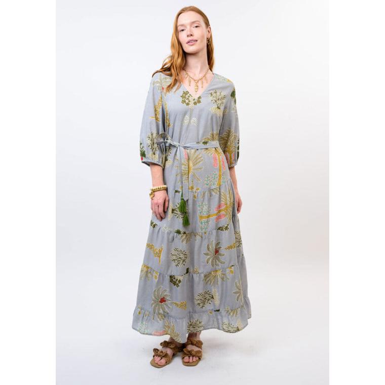 Uncle Frank Palm Beach Dress in a green floral print with tiered midi skirt and puff sleeves.