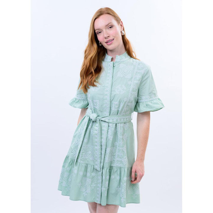Uncle Frank Sea Blue mini dress with white geometric cross-stitch embroidery and short sleeves.