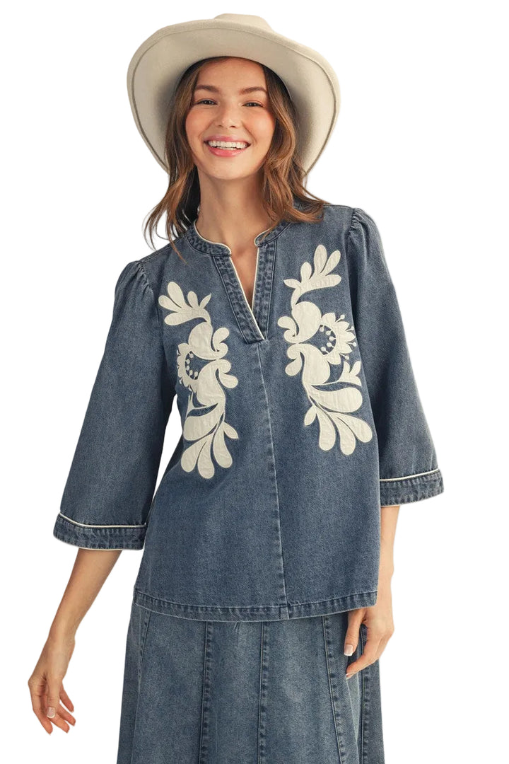 Jodifl 3/4 Sleeve Washed Denim Floral Applique Top - Denim