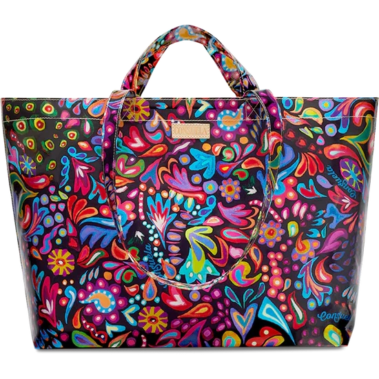 Consuela Sophie Grab 'n' Go Jumbo oversized utility tote bag featuring a vibrant multi-colored pattern and dual carrying straps.
