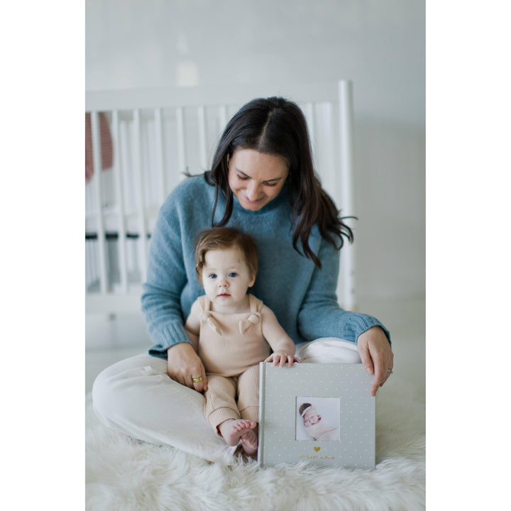 Baby Photo Album Keepsake — Gray Polka Dot with Cover Photo Window