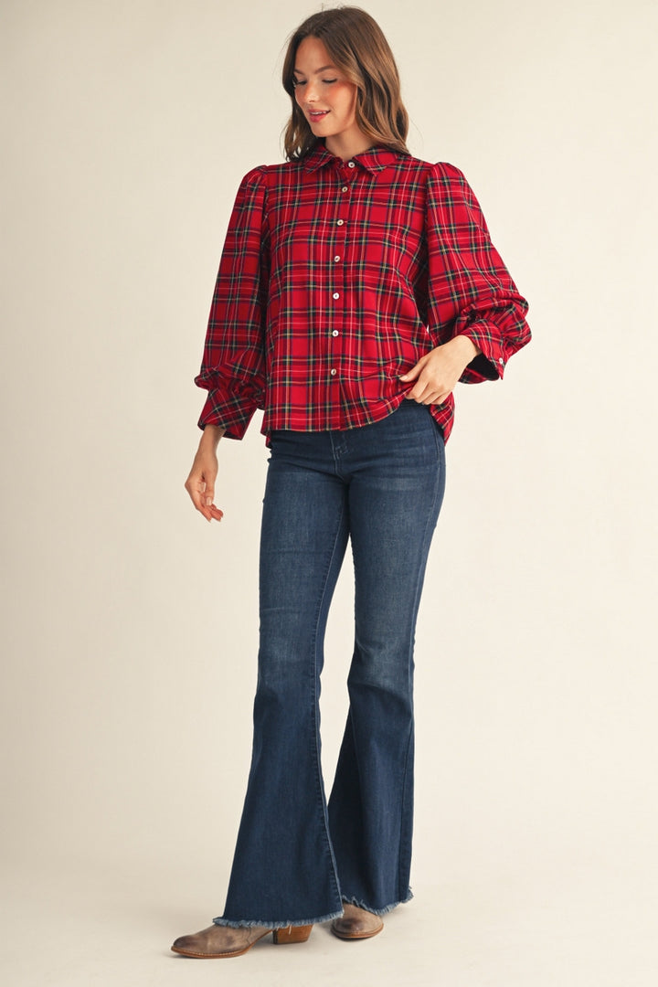 Jodifl 3/4 Puff Sleeve Button Down Plaid Top - Red