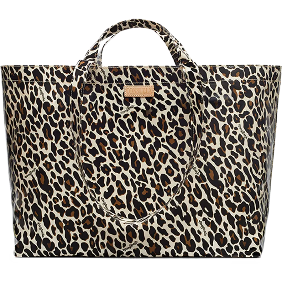 The Consuela Mona Jumbo Bag featuring a fierce leopard print exterior, Diego natural leather logo, and versatile short and long handles.