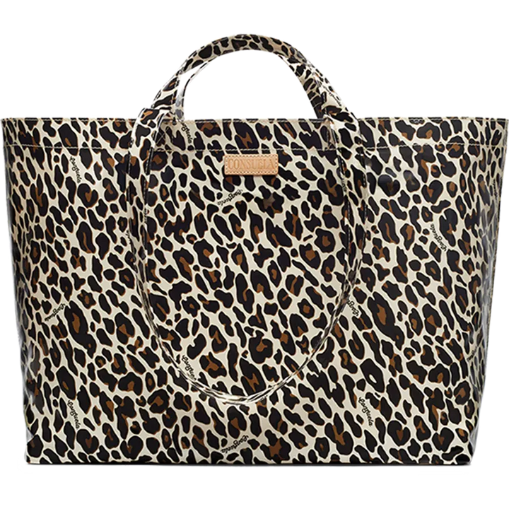 The Consuela Mona Jumbo Bag featuring a fierce leopard print exterior, Diego natural leather logo, and versatile short and long handles.