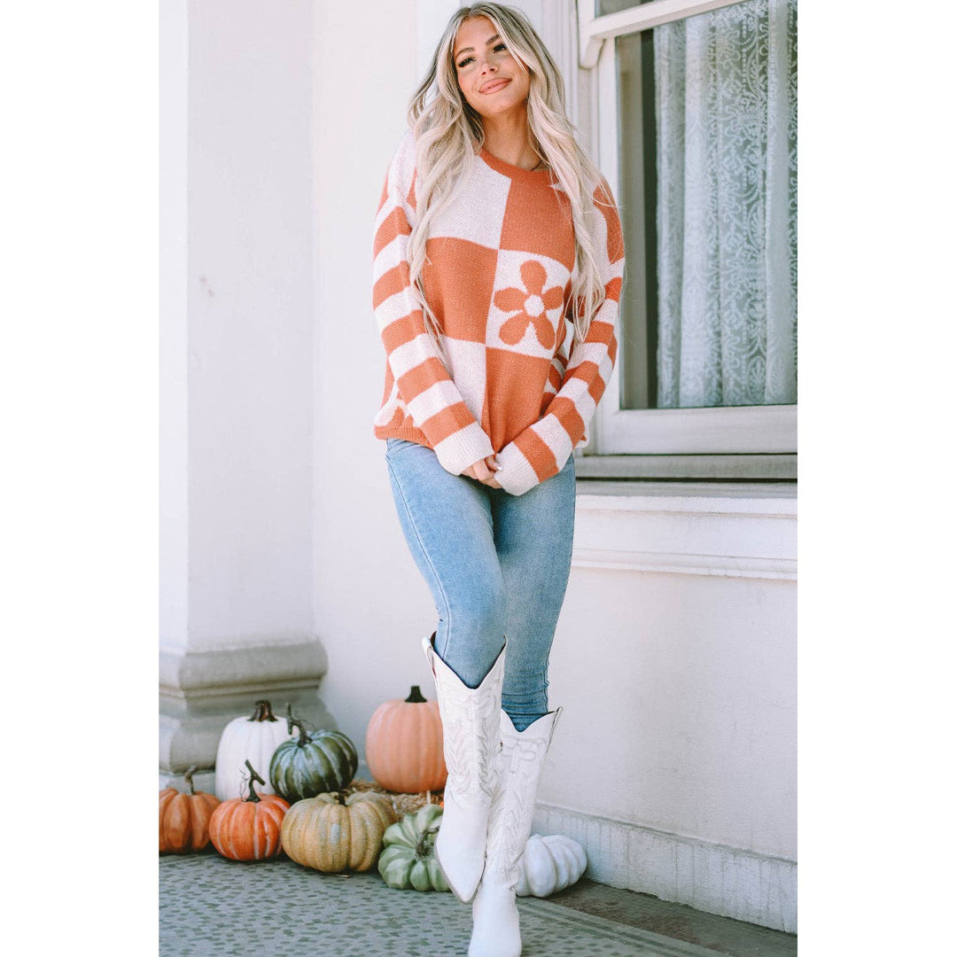 Miller Checkered Floral Striped Sleeve Sweater