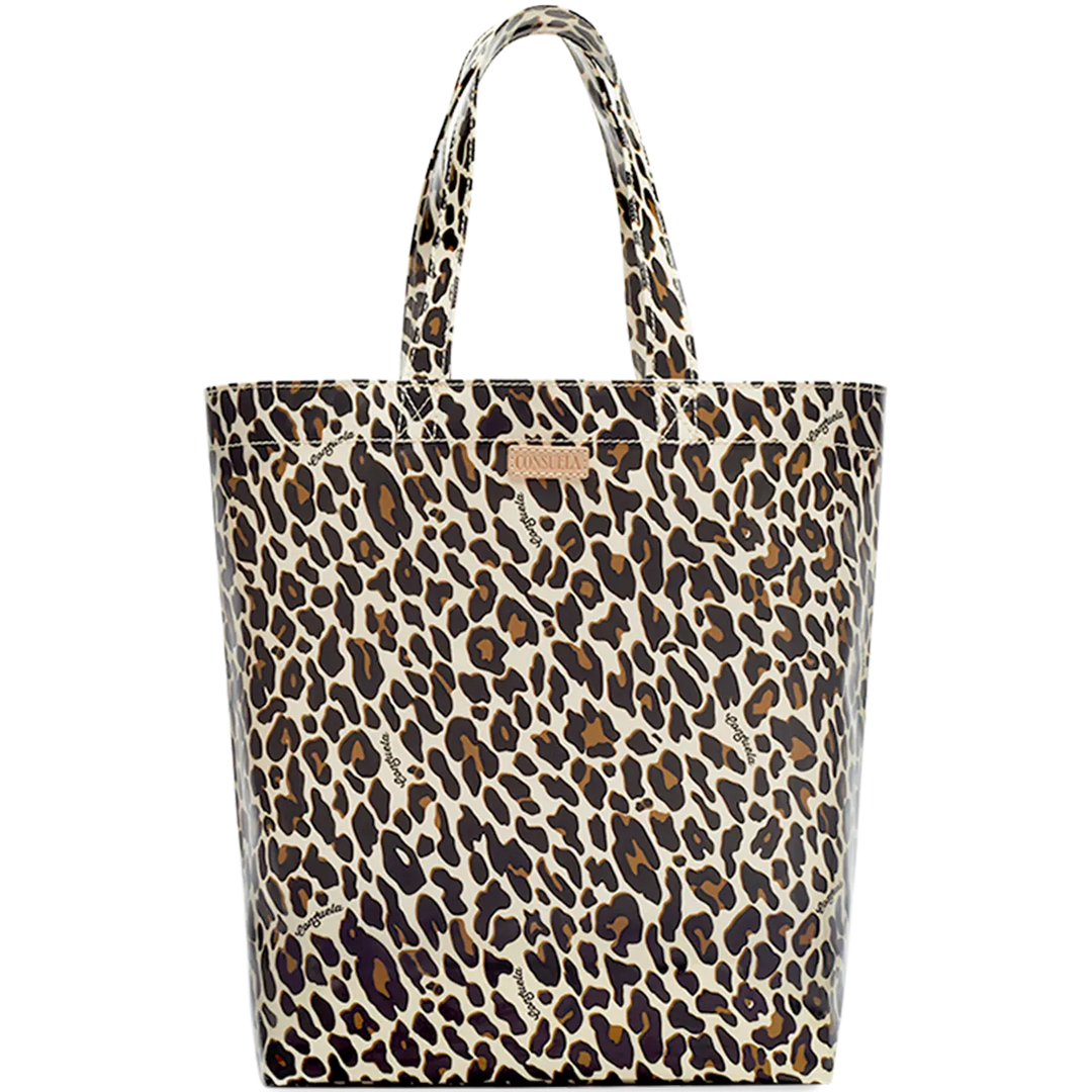 The Consuela Mona Basic Bag featuring a chic leopard print ConsuelaCloth exterior and a Diego natural leather logo accent.