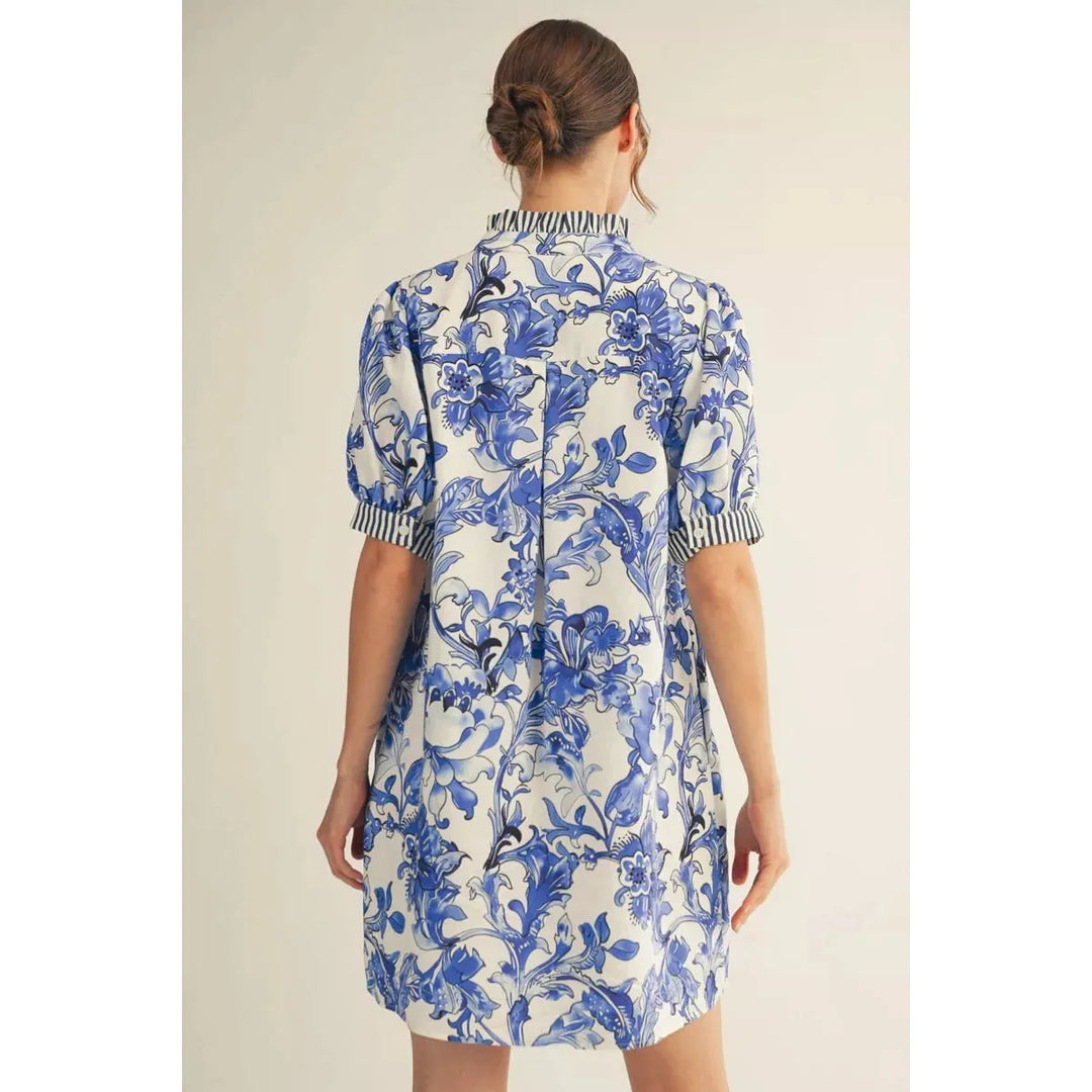 Marisol | Tropical Floral Button-Up Dress with Stripe Trim