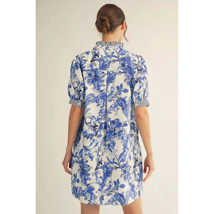 Marisol | Tropical Floral Button-Up Dress with Stripe Trim