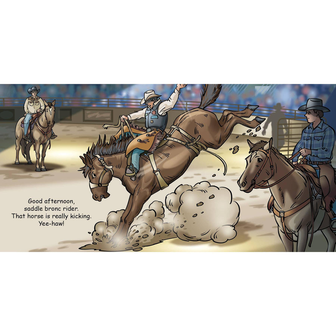 Vibrant illustration from Good Night Rodeo showing rodeo clowns and steer wrestling in the arena.